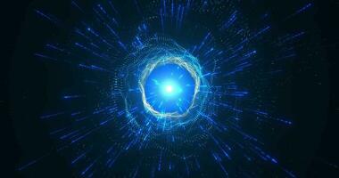 Abstract space scene with animation of glowing particles emitting beams of light, explosion of blue particles, tunnel to space, seamless loop video