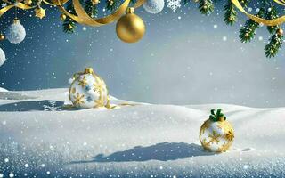 dorado regalos en un Nevado Navidad mundo maravilloso ai generado foto