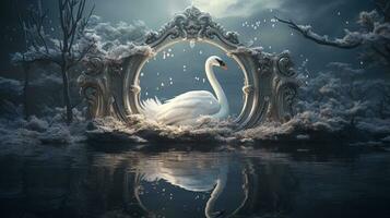 enchanted swan mirror, digital art illustration, Generative AI photo