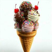 Ice cream cone with scoops of different flavors topped with sprinkles, cherries, and chocolate sauce showcase for food photography, Ai Generative photo