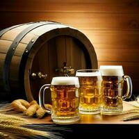 Glasses of beer wheat with wooden barrel, Ai Generative photo