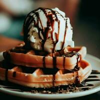Tasty waffle with chocolate ice cream, whipped cream and chocolate syrup on top, Ai Generative photo
