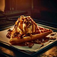 Yummy waffle with caramel ice cream, chopped nuts and caramel sauce on top, Ai Generative photo