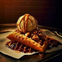 Yummy waffle with caramel ice cream, chopped nuts and caramel sauce on top, Ai Generative photo
