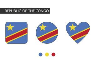 Republic of the Congo 3 shapes square, circle, heart with city flag. Isolated on white background. vector