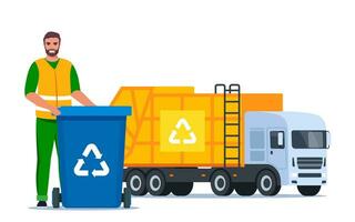 Garbage truck and sanitation worker. Garbage man in uniform with trash bin and recycling symbol on it. Garbage sorting. Zero waste, environment protection concept. Vector illustration.