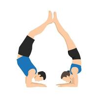 Young couple doing acro yoga exercise. Hand stand with legs on each other. vector