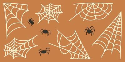 Web with spiders in doodle style. Vector illustration in flat style for Halloween.