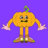 Cute pumpkin character for Halloween in retro cartoon style. Groovvy style pumpkin mascot vector illustration.