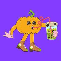 Cute pumpkin character for Halloween in retro cartoon style. Groovvy style pumpkin mascot vector illustration.