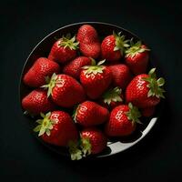 A plate of strawberries on a black table, top view, Ai Generative photo