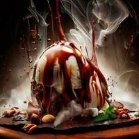 An ice cream with chocolate sauce on a wooden board, Ai Generative photo