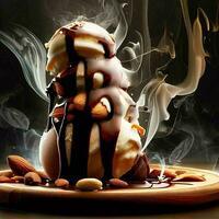 An ice cream with chocolate sauce on a wooden board, Ai Generative photo