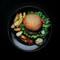 un plato de hamburguesa en negro fondo, parte superior vista, ai generativo foto