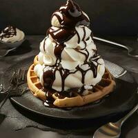 Tasty waffle with chocolate ice cream, whipped cream and chocolate syrup on top, Ai Generative photo
