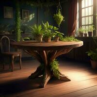 profesional fotografía de un planta sentado en parte superior de un de madera mesa en un habitación, ai generativo foto