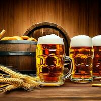 Glasses of beer wheat with wooden barrel, Ai Generative photo