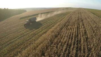 Loaded with crops tractor driving on field, aerial view video