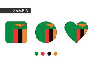 Zambia 3 shapes square, circle, heart with city flag. Isolated on white background. vector