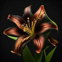 A beautiful lily on black background, top view, Ai Generative photo