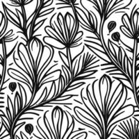 Abstract Black And White Monochromatic Hand-drawn Flowers Texture Pattern Doodle Vector Illustration