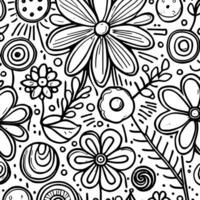 Abstract Black And White Monochromatic Hand-drawn Flowers Texture Pattern Doodle Vector Illustration