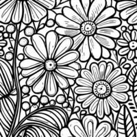 Abstract Black And White Monochromatic Hand-drawn Flowers Texture Pattern Doodle Vector Illustration