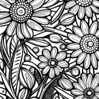 Abstract Black And White Monochromatic Hand-drawn Flowers Texture Pattern Doodle Vector Illustration