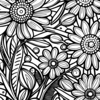 Abstract Black And White Monochromatic Hand-drawn Flowers Texture Pattern Doodle Vector Illustration