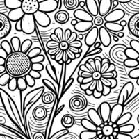 Abstract Black And White Monochromatic Hand-drawn Flowers Texture Pattern Doodle Vector Illustration