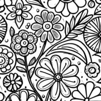 Abstract Black And White Monochromatic Hand-drawn Flowers Texture Pattern Doodle Vector Illustration