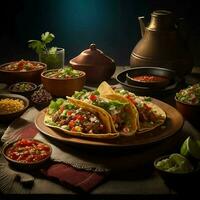 Mexican tacos on a plate with a bowl of salsa, Ai Generative photo