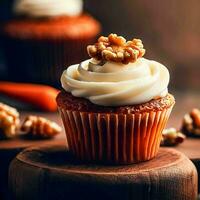 A carrot cupcake with cream cheese frosting and walnuts on top on a wooden board, Ai Generative photo