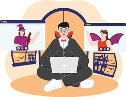 Celebrating Halloween Party via Video Call Illustration vector