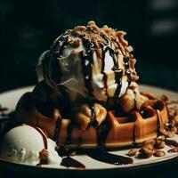 Tasty waffle with chocolate ice cream, whipped cream and chocolate syrup on top, Ai Generative photo