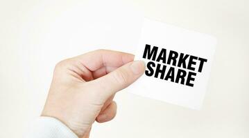 Businessman holding a card with text MARKET SHARE, business concept photo