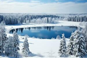 Aerial view of the forest with a lake at winter. The trees are covered with snow. Beautiful nature. photo