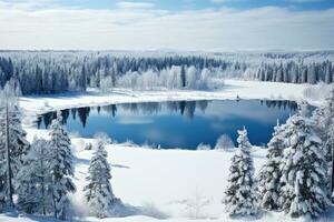 aéreo ver de el bosque con un lago a invierno. el arboles son cubierto con nieve. hermosa naturaleza. foto