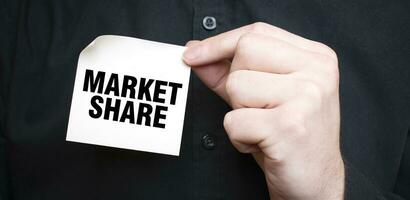 Businessman holding a card with text MARKET SHARE, business concept photo