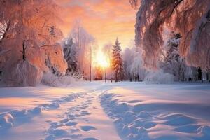 hermosa invierno paisaje en el rayos de puesta de sol. Nevado la carretera entre arboles foto