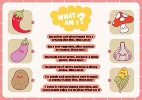 flat design vector what am i vegetable guess printable worksheet for kids activity