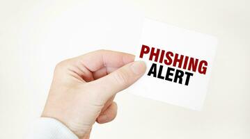 Businessman holding a card with text PHISHING ALERT, business concept photo