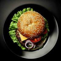 A plate of Burger on black background, top view, Ai Generative photo