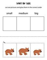 Sort cute wombat by size. Educational worksheet for kids. vector