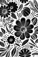 Abstract Black And White Monochromatic Hand-drawn Flowers Texture Pattern Doodle Vector Illustration