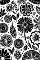 Abstract Black And White Monochromatic Hand-drawn Flowers Texture Pattern Doodle Vector Illustration