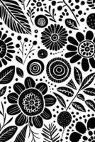 Abstract Black And White Monochromatic Hand-drawn Flowers Texture Pattern Doodle Vector Illustration