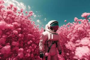 Pink flowers astronaut. Generate Ai photo