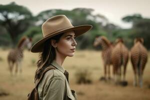 mujer africano safari foto disparo. generar ai