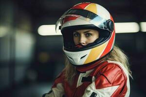 Woman racer helmet sport. Generate Ai photo